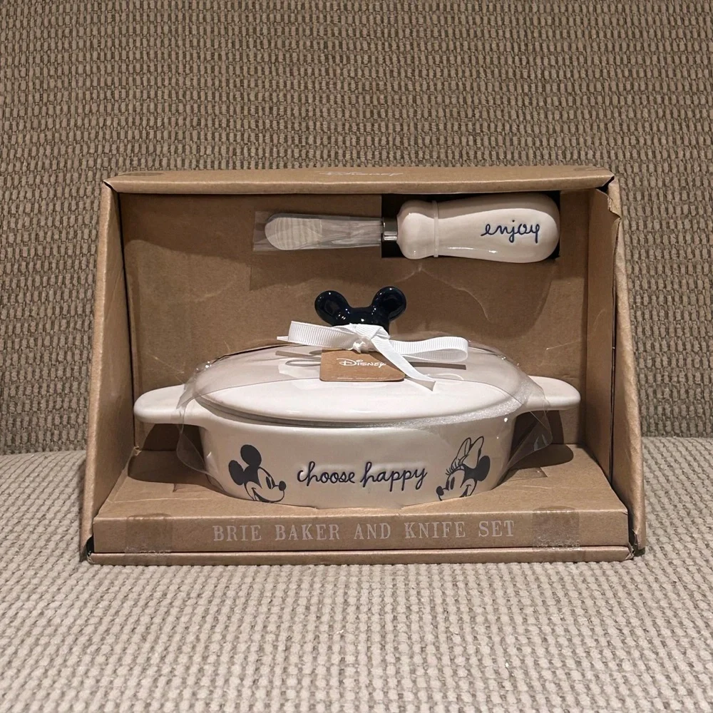 Rae Dunn Disney Mickey Mouse “choose happy” Ceramic Brie Baker and Knife Set - Picture 3 of 7